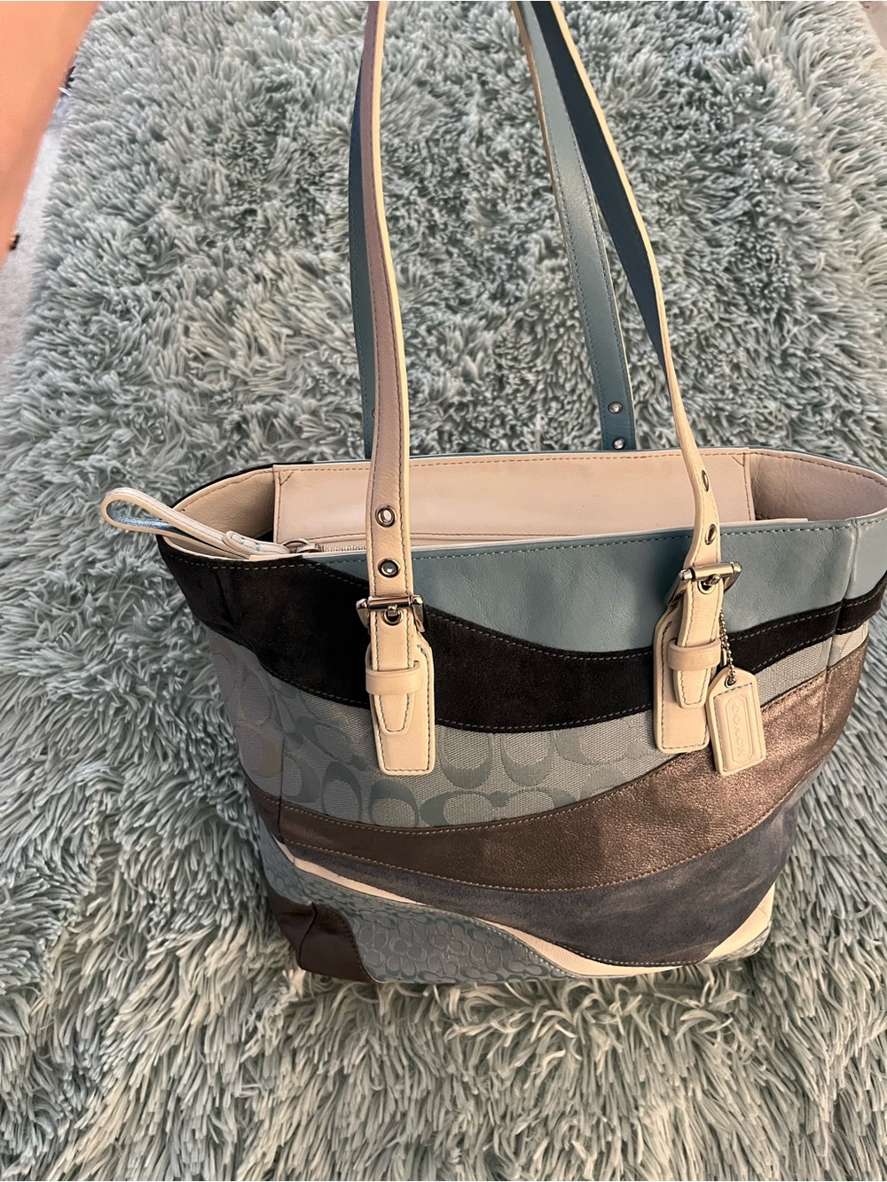 COACH RARE SIGNATURE WAVE PATCHWORK TOTE BAG EUC BLUE/ SILVER LEATHER/ SUEDE